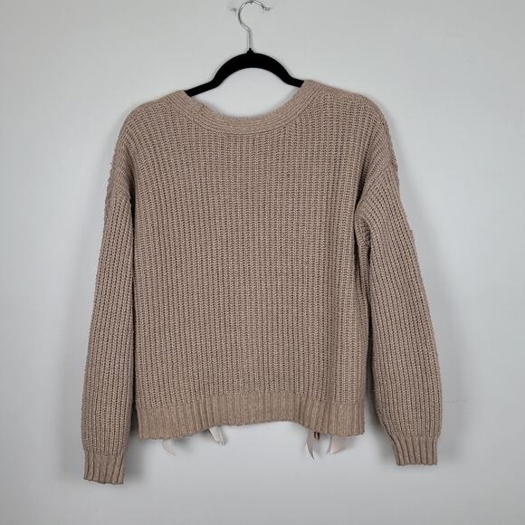 Love Knits Womens Large Tan Cardigan Sweater Ribbon Lace Up Detail Chunky Knit - Picture 3 of 5